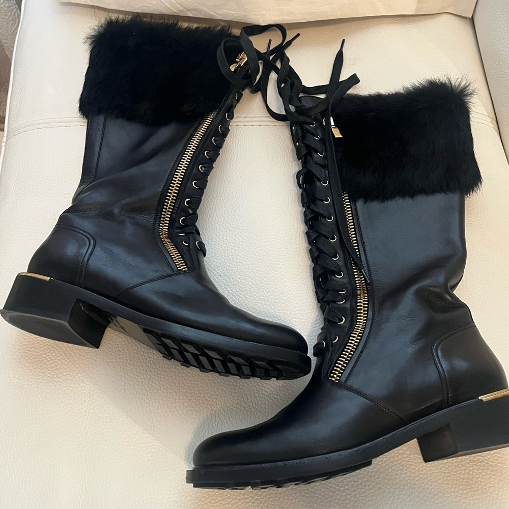 Salvatore Ferragamo Black Leather Riding Boots w/ Fur Neck